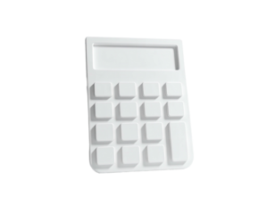 3D rendering of a bright white calculator against a stark black background
