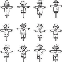 Each scarecrow features unique hats, varied clothing, and different facial details, all with outstretched arms, embodying classic farm guardian aesthetics.