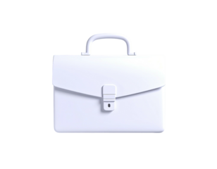 3D rendered white briefcase with a clasp, handle, and flap on a black background
