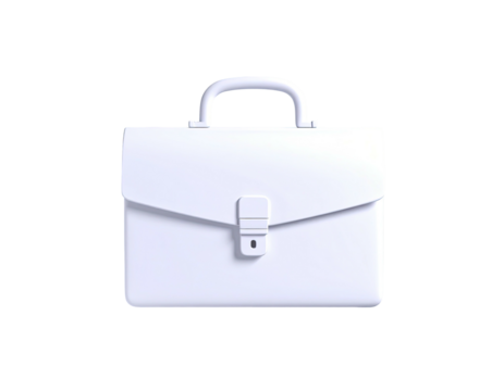 3D rendered white briefcase with a clasp, handle, and flap on a black background