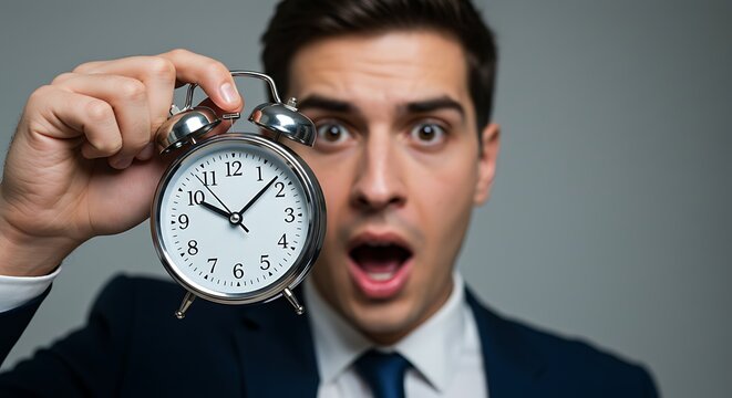 A surprised businessman in a formal suit holds a classic alarm clock, his shocked expression highlighting the pressure of deadlines and time management
