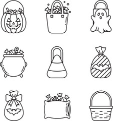 A grid of nine black and white line art icons depicting various Halloween-themed treat containers, including pumpkin buckets, ghost bags, cauldrons, candy corn holders,