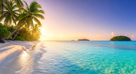 Tropical beach paradise at sunset with palm trees and clear blue ocean.