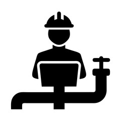 Worker in hard hat with industrial pipes and valve silhouette