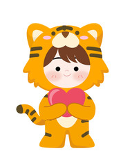Cute Chibi Boy in Tiger Costume Holding Heart