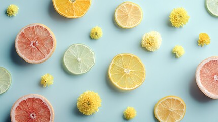 Pastel background flat lay featuring citrus fruit slices and yellow flower details, minimal vibrant summer composition, stock photo style