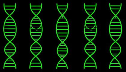 Five Green DNA Strands, Some with Mutations