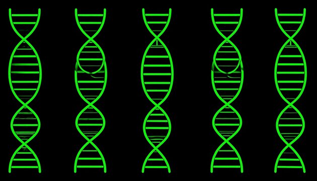 Five Green DNA Strands, Some with Mutations - Powered by Adobe