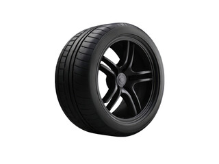 Obraz premium Black automotive tire with five spoke alloy wheel rubber, Isolated, Png Transparent Background