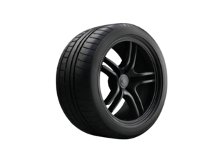 Black automotive tire with five spoke alloy wheel rubber, Isolated, Png Transparent Background