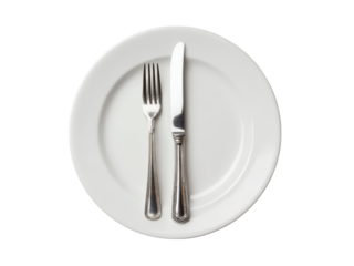 White plate with silver fork and knife image, Isolated, Png Transparent Background