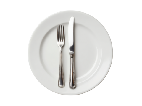 White plate with silver fork and knife image, Isolated, Png Transparent Background