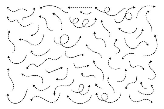 Hand drawn dot arrow vector set. Hand drawn line doodle arrow, curve arrow icon vector set. Vector illustration. Hand drawn dotted arrows set. Sketch curved dashed arrows design.