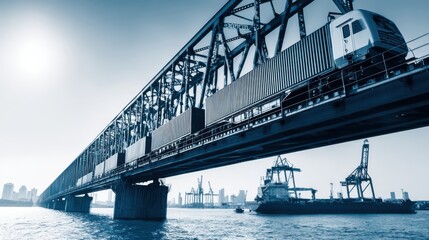 Obraz premium Freight train crossing industrial bridge over water with shipping containers, cranes in background during sunset in urban setting