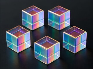 Five Iridescent Geometric Crystal Cubes Arranged on a Dark Surface Keywords: geometric, crystal, cube, iridescent, rainbow, refraction, light, prisms, objects, science, optical, spectrum, color