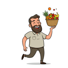 Cartoon man with beard in gray shirt holding a fruit basket while walking, smiling on light yellow background.