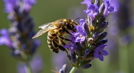 Macro photo of bee on purple lavender flower