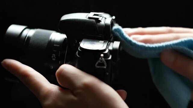Close-up of Hands Cleaning Camera with Cloth