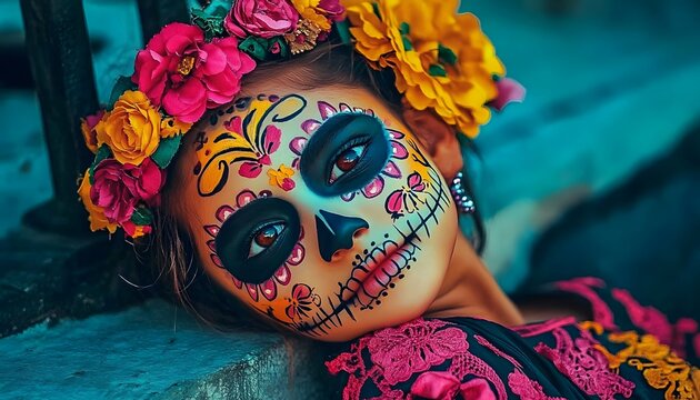 Colorful Day of the Dead makeup art.