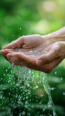 Fototapeta premium Hands catching and holding fresh water splashing outdoors. 