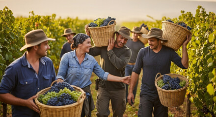 Vibrant team of vineyard workers joyfully gathers abundant fresh grapes in a sunlit field, celebrating a successful harvest and collaboration.