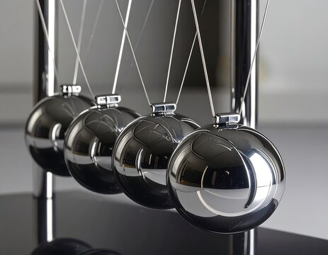 Close-up of a chrome Newton's cradle