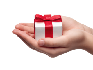 White gift box with red ribbon held in hands image, Isolated, Png Transparent Background
