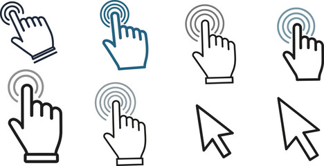Collection of Hand Cursors Pressing or Clicking Icons on Transparent Background