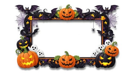 Halloween frame with pumpkins, bats, spiders, and ghosts isolated on white background