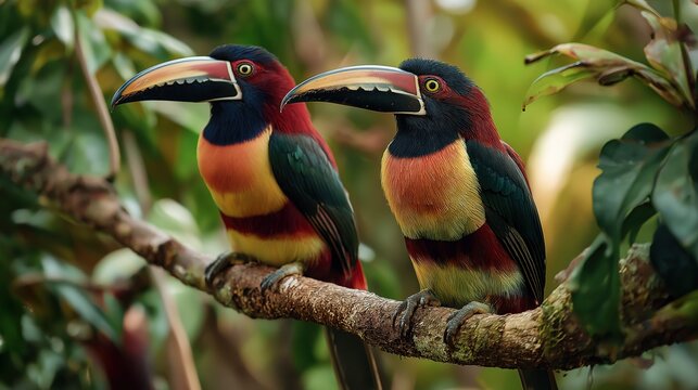 A full-body view of two aracari birds resting on a tree branch in a dense rainforest, showcasing National Geographic-style detail and the richness of tropical avian life in its pristine ecosystem.