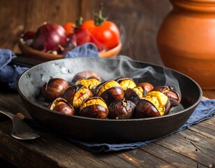 Roasted Chestnuts in a Pan.