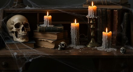 Gothic Halloween still life: glowing candles, human skull, old books, and cobwebs on a vintage desk, eerie atmosphere