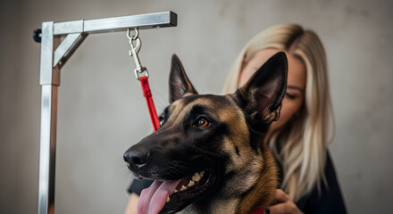 Professional Dog Grooming Session A Serene Blonde Woman Groomer Tenderly Cares for a Magnificent Belgian Malinois Canine Client in a Modern Pet Salon Setting Offering Top Notch Animal Wellness