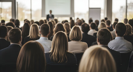 Obraz premium Business Conference Attendees Networking and Learning New Strategies From Keynote Speaker in Seminar Audience at Corporate Event Training Workshop Gathering Session