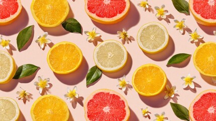 Sliced colorful citrus fruits with yellow flower blossoms arranged in a repetitive pattern on soft pastel backdrop, minimal stock design