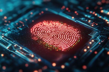 Fingerprint glows on circuit board. Cyber security tech.