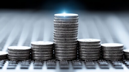 Coins on keyboard finance meets technology digital finance saving investing and work from home concept