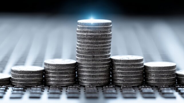 Coins on keyboard finance meets technology digital finance saving investing and work from home concept