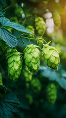 Fototapeta premium Green hop cones growing on plant used for brewing beer. 