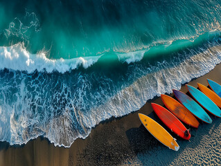 Aerial view of surfers with colorful boards on beach - Blue ocean waves with white foam in natural light HD photography for travel and sports ads

