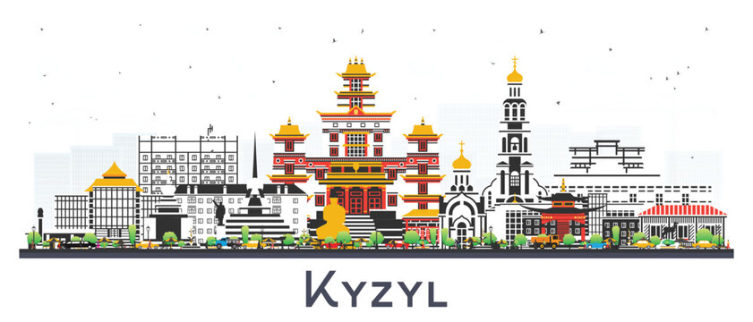 Kyzyl Russia city skyline with color buildings isolated on white. Kyzyl cityscape with landmarks. Travel and tourism concept with modern and historic architecture.