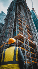 Fototapeta premium Construction worker in helmet and vest looking at high-rise scaffolding. 