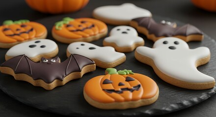 Spooky Halloween Sugar Cookies with Jack-o'-Lantern, Ghost, and Bat Icing Designs on a Dark Plate