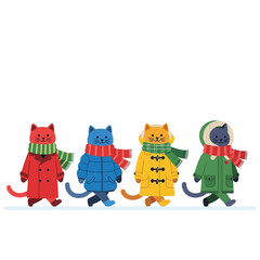 Fototapeta premium Four cartoon cats wearing coats and scarves, walking forward in a line.
