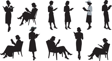 Women reading silhouettes, book lovers, seated and standing poses, leisure activity, education theme, black vector icons, peaceful moment, literary lifestyle illustration