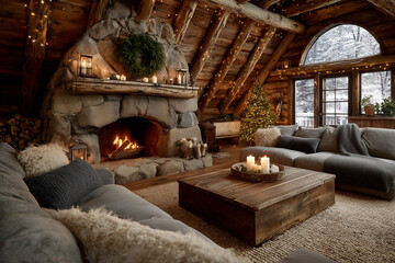 Cozy Christmas living room in log cabin – Wooden fireplace with wreaths and candles, snowy window view and decorated tree for holiday designs

