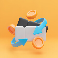 3d cashback coupon icon. Realistic gift voucher, gold coin and blue arrows around. Money refund, discount concept. Vector sign of cash service on yellow background