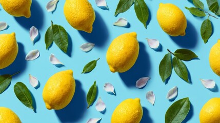 Top view geometric pattern of lemons and petals on bright azure background, modern artistic minimal summer design for stock use
