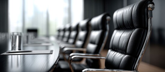 A sleek, modern conference room with black leather chairs arranged around a polished table