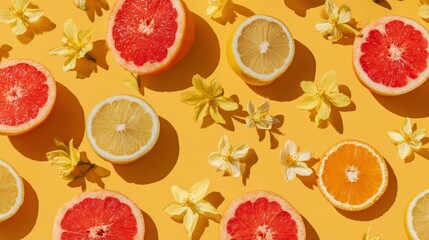 Top-down colorful food pattern with lemon, grapefruit, and orange slices mixed with yellow flower blossoms, minimal summer vibe